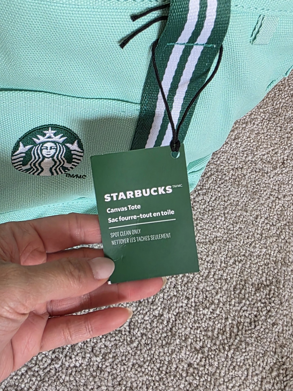 Starbucks Mint Green Canvas Tote with Striped Green Handles - Picture 2 of 4